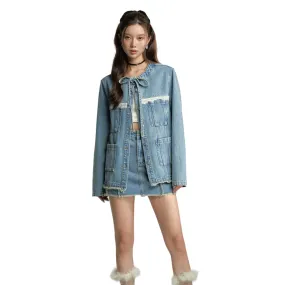Lace Denim Jacket In Blue