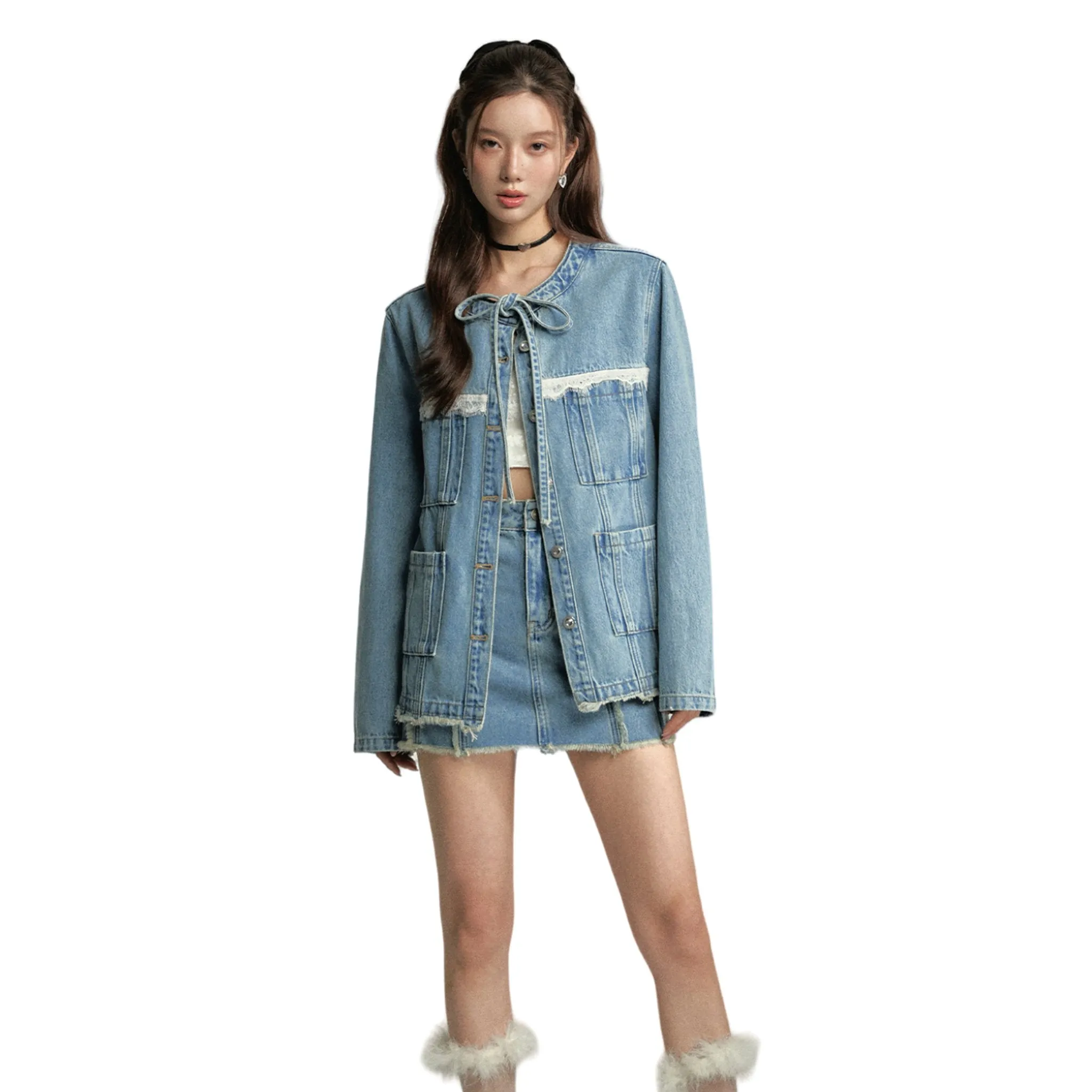 Lace Denim Jacket In Blue